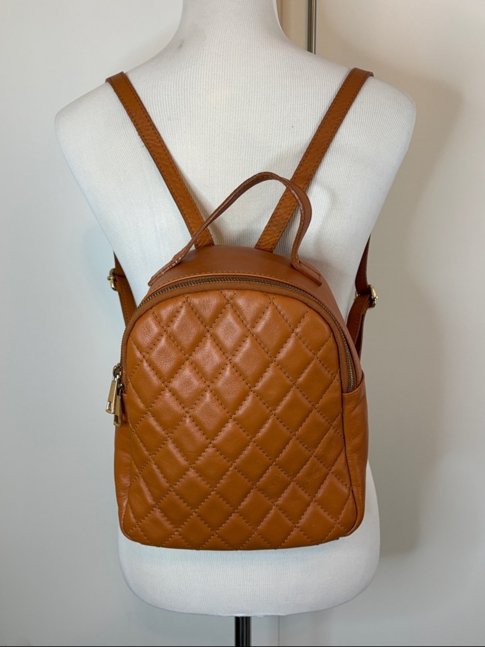 Quilted Caramel Leather Mini Backpack Made in Italy - Stylish Everyday Bag